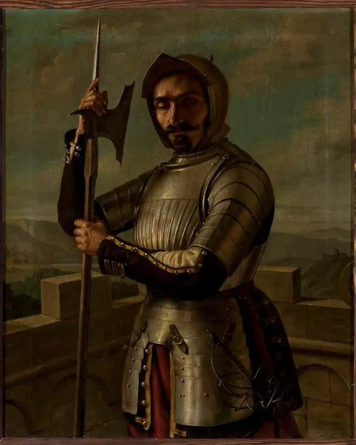 Ritratto pittorico di un cavaliere in armatura